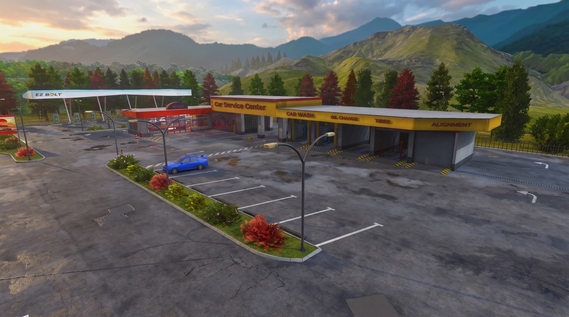 Traffic Racer Pro Drift Mansion — a service center and gas station with a large parking lot at the foot of green mountains at sunset
